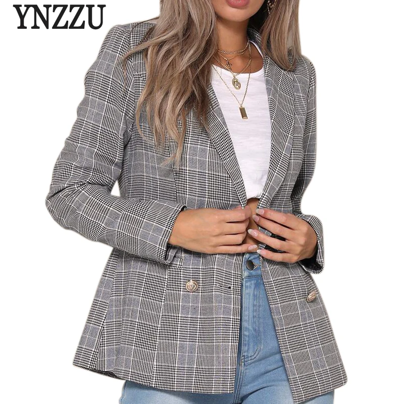 YNZZU Fashion Double Breasted Plaid Blazer Women 2018 Autumn Elegant Long Sleeve OL Blazers