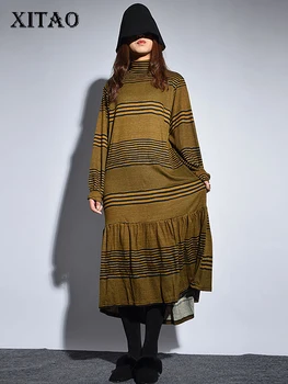 

[XITAO] Casual Women 2018 Winter Korea Fashion Loose Turtleneck Full Sleeve Dress Female Mid-calf Striped New Dress ZLL1516