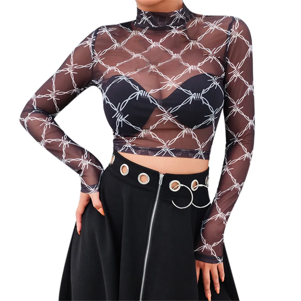 

Fashion Sexy womens tops and blouses Plaid Mesh Short Shirts Turtleneck Short Sleeve Casual Loose Navel Leisure Modis blusas *50