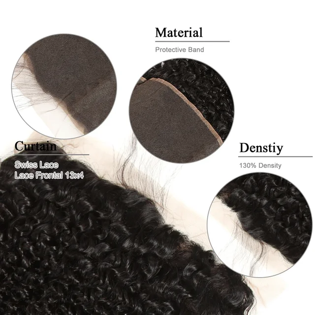 Cierre Frontal de malla rizado brasileño perla negra con mechones, cabello no Remy rizado, 3 mechones con encaje Frontal 13x4 Cierre Frontal de malla rizado brasileño perla negra con mechones, cabello no Remy rizado, 3 mechones con encaje Frontal 13x4