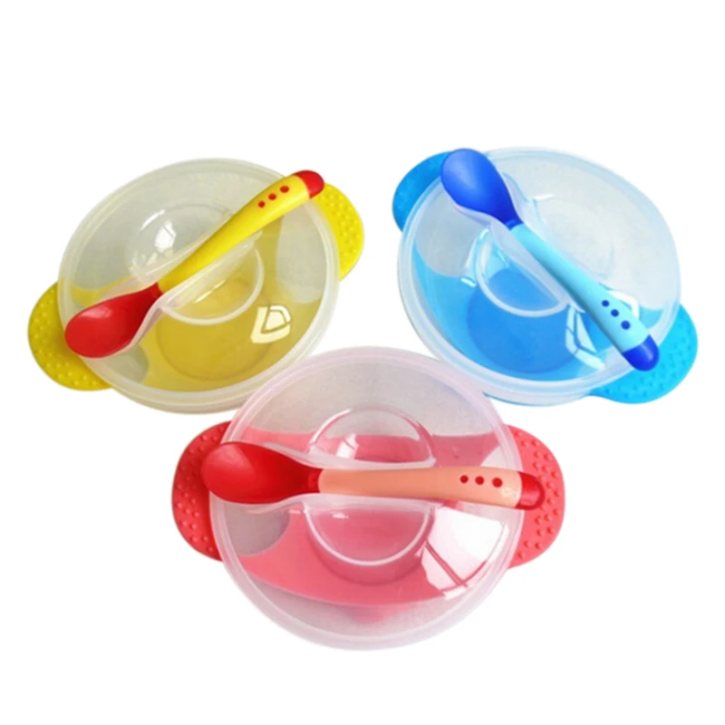 

Toddler Baby Kids Child Feeding Lid Training Bowl with Spoon Cartoon Binaural Baby Feeding Tableware Children Plate Sucker Bowl