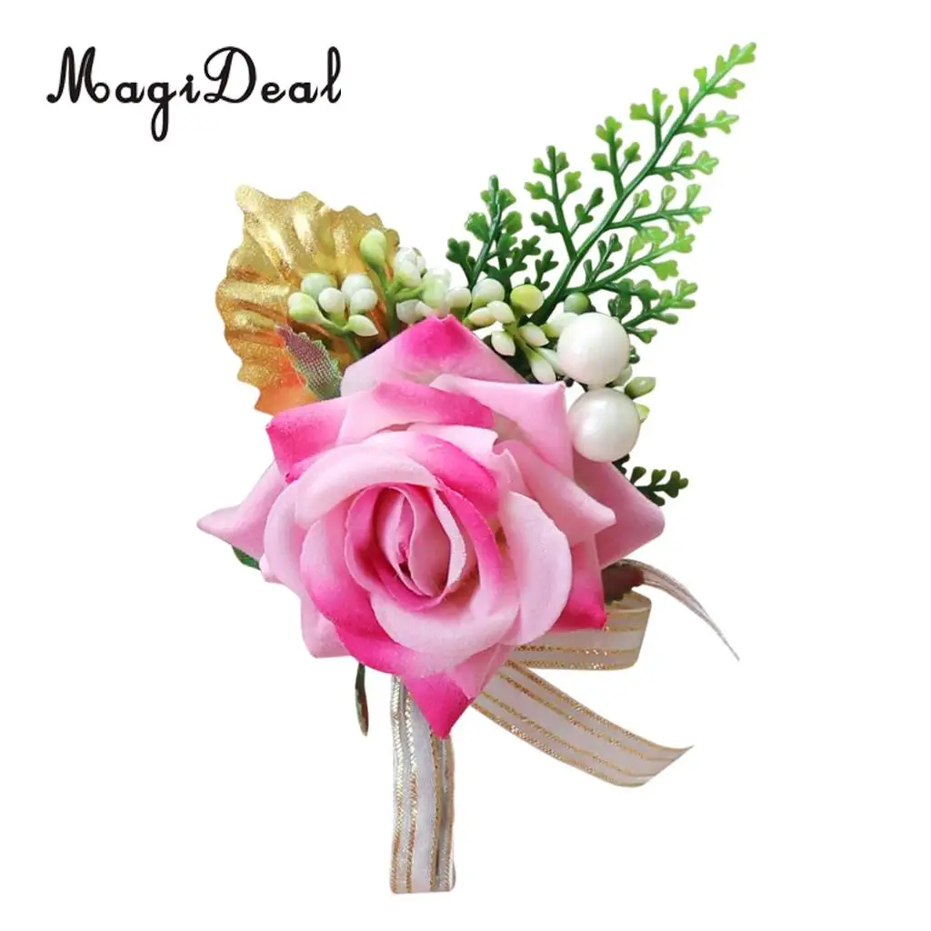 Romantic Artificial Rose Flower Pearls Wedding Corsage Boutonniere for Bridal Groom Fancy Dress