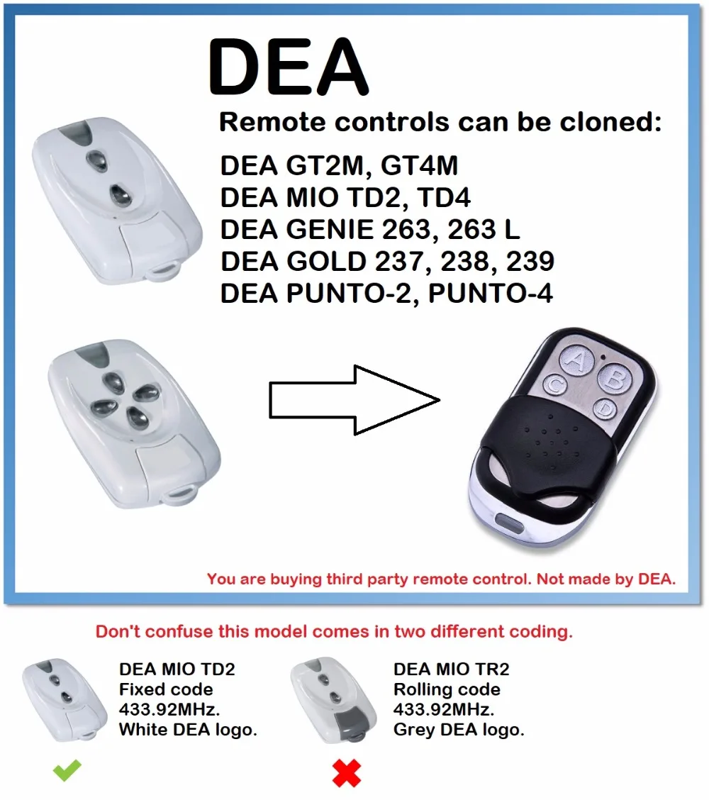 

DEA MIO TD2, MIO TD4 Universal Remote Control Duplicator 4-Channel 433.92MHz..(only for 433.92mhz fixed code)