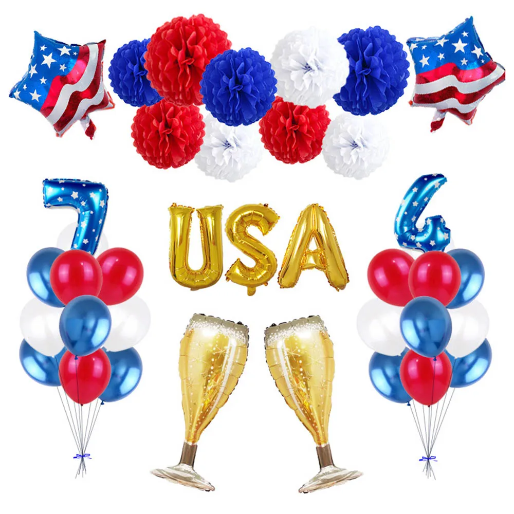 

American Independence Day July 4th Balloon Set Paper Flower Ball Aluminum Balloon USA Patriotic Independence Day Decorations
