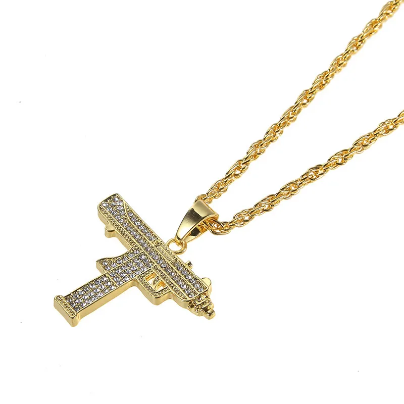 

New Full Rhinestone Uzi Gun Cross Pendant Necklaces Long Cuban Link Chain Fashion Necklace For Unisex Hip Hop Jewelry