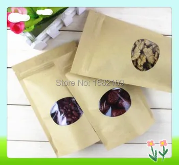 

13cm*20cm,100pcs/lot,stand up Zipper/zip lock Kraft paper bag with window PE inside kraft bag for food free shipping