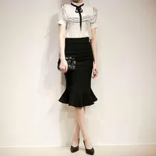 Runaway Черный Фиштейл Баски Подол Русалка Хлопок Юбки Женщин Осень Bodycon Твердые Midi Офис Юбки