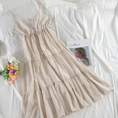 SKOONHEID корейское женское летнее платье с рюшами, французские романтические вечерние однотонные шифоновые платья в стиле бохо, длинное платье миди без рукавов на бретелях, сарафан - Цвет: apricot