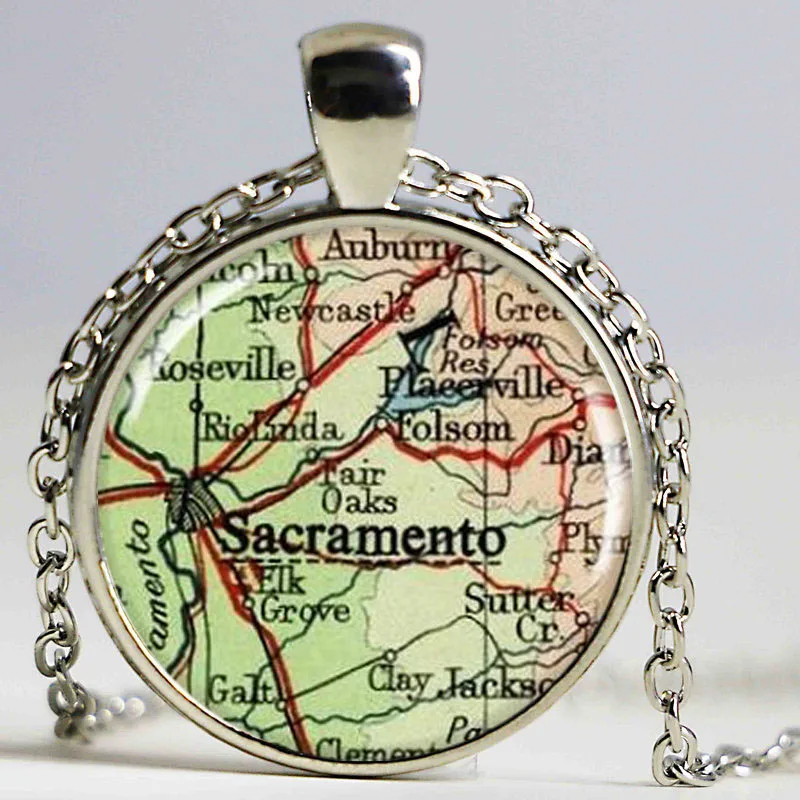 Sacramento Map Pendant, Resin Charm, Sacramento California Map Necklace, Picture Jewelry, ,Round Silver, Map Charm