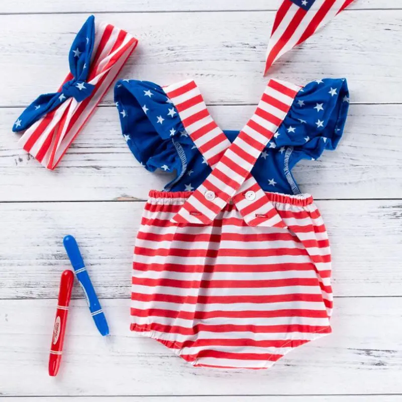 День независимости США маленьких летняя одежда для девочек, для новорожденных детская одежда для малышки Детские боди комбинезон с повязкой на голову Нарядная одежда для малышей