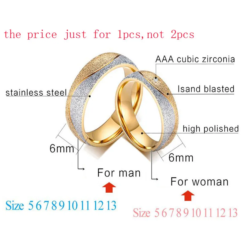 Vnox couple engagement ring for women men sand blasted gold color stainless steel CZ wedding rings Personalized jewelry