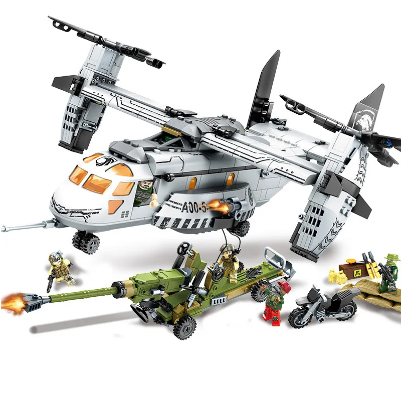 

11712 640pcs Swat Military Army Black Gold Helicopter Fighter Osprey Transport Plane Building Block Compatible with Legoings