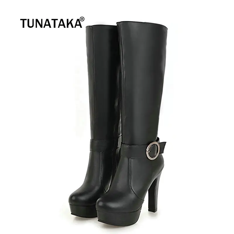 

Women Knee High Boots Women's Platform Square High Heel Zipper Boots Round Toe Autumn Winter Fashion Woman Shoes 2018 New