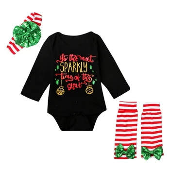

Spring Autumn Christmas Baby Girls Boys Black Bodysuit Legging Warmers Headband Outfit Suit Pattern Jumpsuit