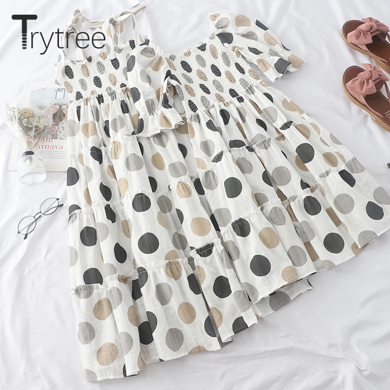 

Trytree 2019 Summer Dress Women Two Styles Dot Elastic Bust Ruffles Belt Knee-Length A-Line Dresses Vacation Style Casual Dress