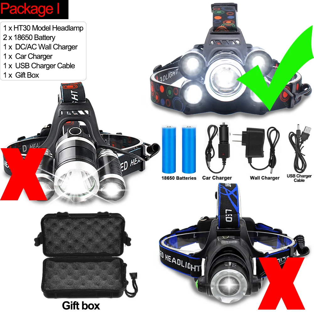 50000LM светодиодный налобный фонарь мощный T6 светодиодный головной светильник Водонепроницаемый головной светильник головной Фонарь налобный фонарь с Перезаряжаемые 18650 Батарея - Испускаемый цвет: Package I