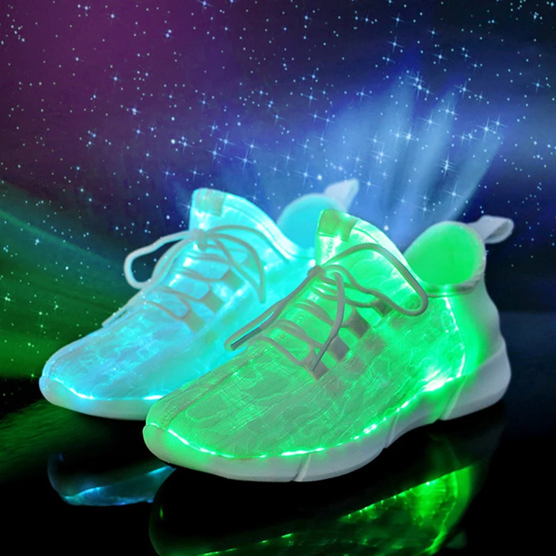 

XCRWAY 2019 Summer Led Fiber Optic Shoes for Girls Big Boys Men Women USB Charger Glowing Sneakers Man Light Up Shoes Size 26-40