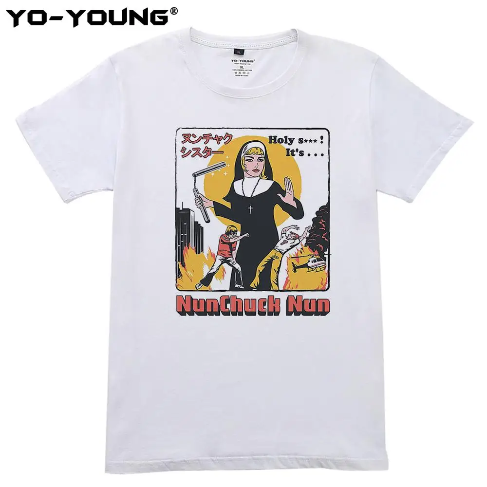 

Yo-Young Women T-Shirts Funny Nunchuck Nun Digital Print Tees 100% 180g Combed Cotton Summer Casual Tee Tops Customized
