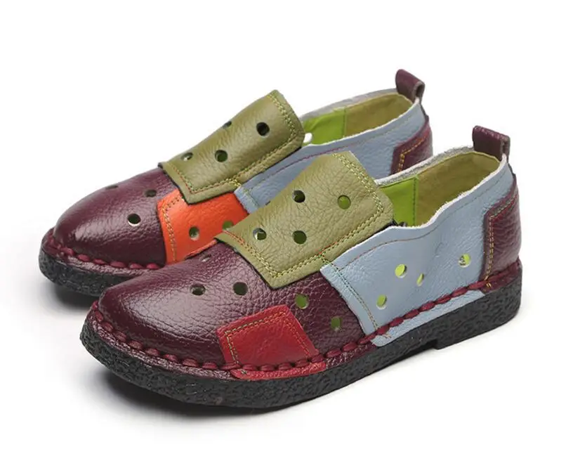 

Designer Women Mother Female Ladies Shoes Flats Hollow Slip On Round Cow Genuine Leather Mixed Colors Size 35-40