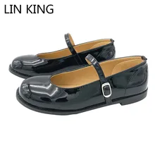 LIN KING/Новые Демисезонные женские туфли на плоской подошве с пряжкой; повседневные женские туфли принцессы Лолиты из лакированной кожи; однотонные туфли для костюмированной вечеринки для девочек