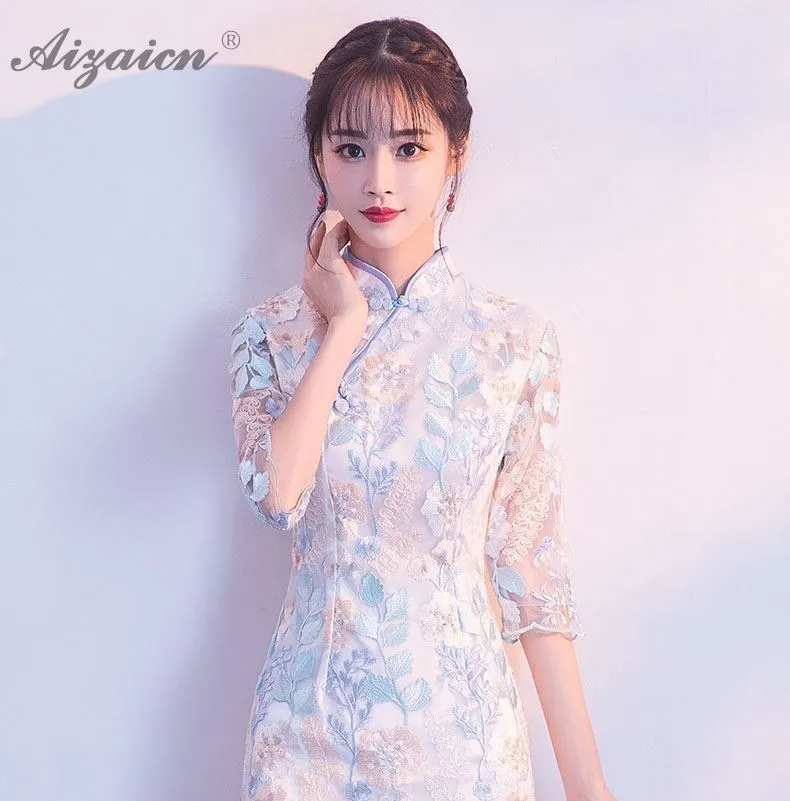 Flor Cheongsam Китай модерана тонкий Qi Pao mujeres chino tradicional vestido largo vestido de noche Vestidos de novia vestido