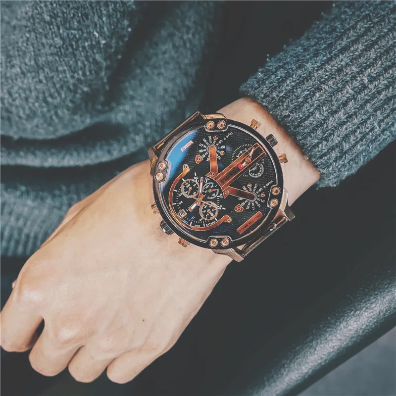 

HipHop Unique Creative Two Movements Big Dial Men Quartz Wristwatch Man's Classical Military Blue Ray Watches Male Sports Watch