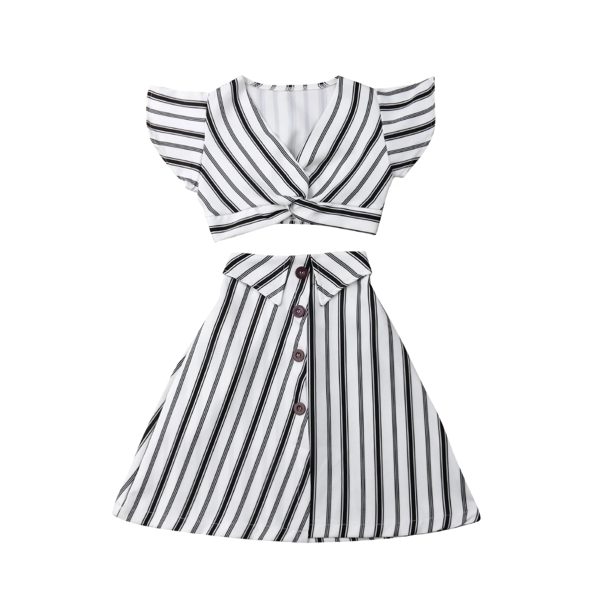 

Girl Sets 2019 New Summer Kid Baby Girls Striped Sleeveless V-Neck Crop Tops Button Skirt Sundress Clothes Outfits