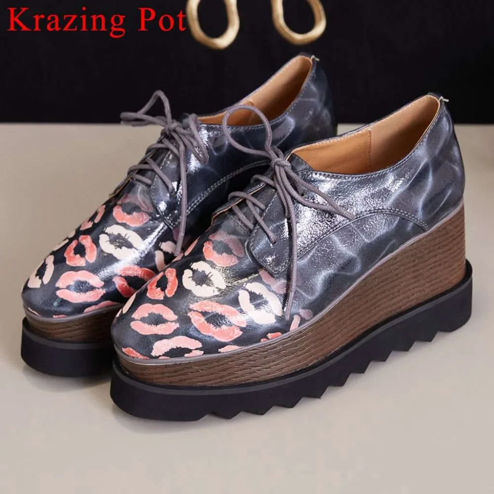 

Fashion superstars brand wedges high heels big size woman pumps lace up lame red lips pattern punk style square toe shoes L01