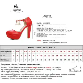 Sgesvier Fashion Round Toe Thick High Heels Women Pumps Sexy Platform Heeled Beading Pink White Red Dress Party Shoes Woman B571