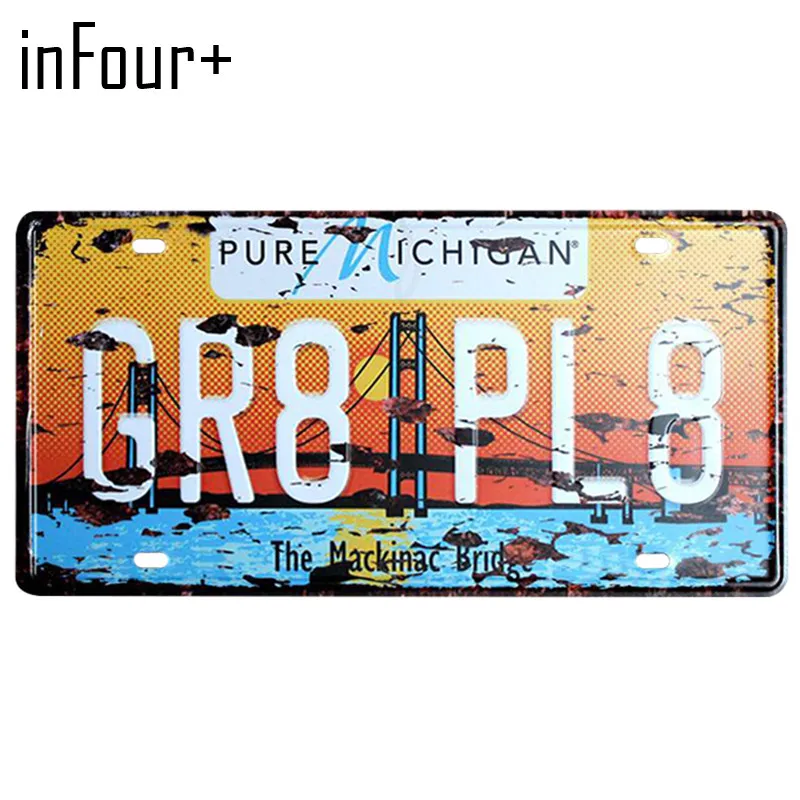 

[inFour+] GR8-PL8 License Plate Metal Plate Car Number Tin Sign Bar Pub Cafe Home Decor Metal Sign Garage Painting Plaques Signs