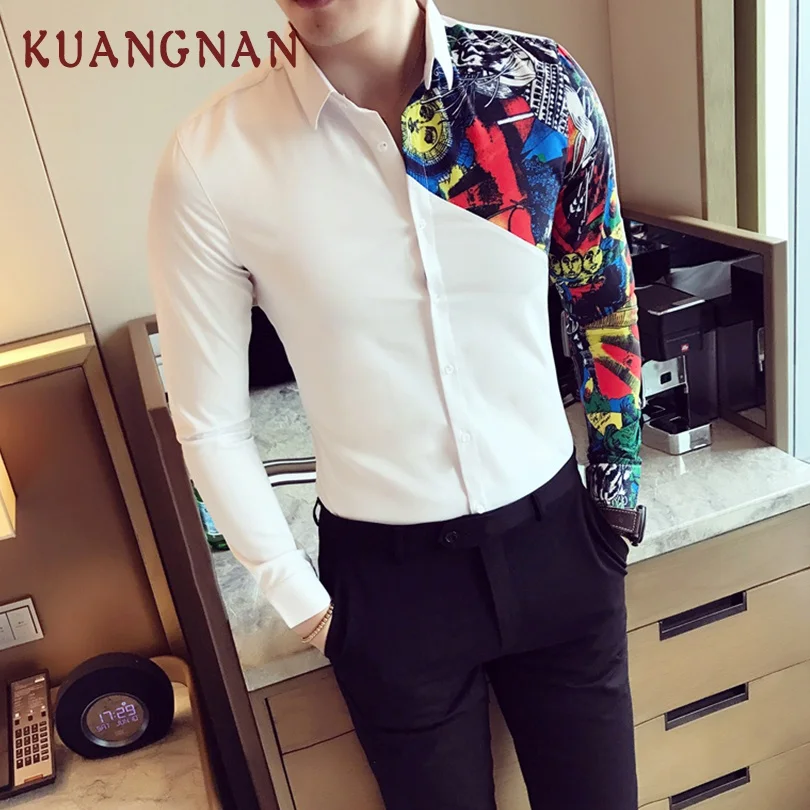 

KUANGNAN England Style Patchwork Men Shirt Long Sleeve Casual Slim Fit Streetwear Men Shirt Man Casual Shirt Men Clothes 2018