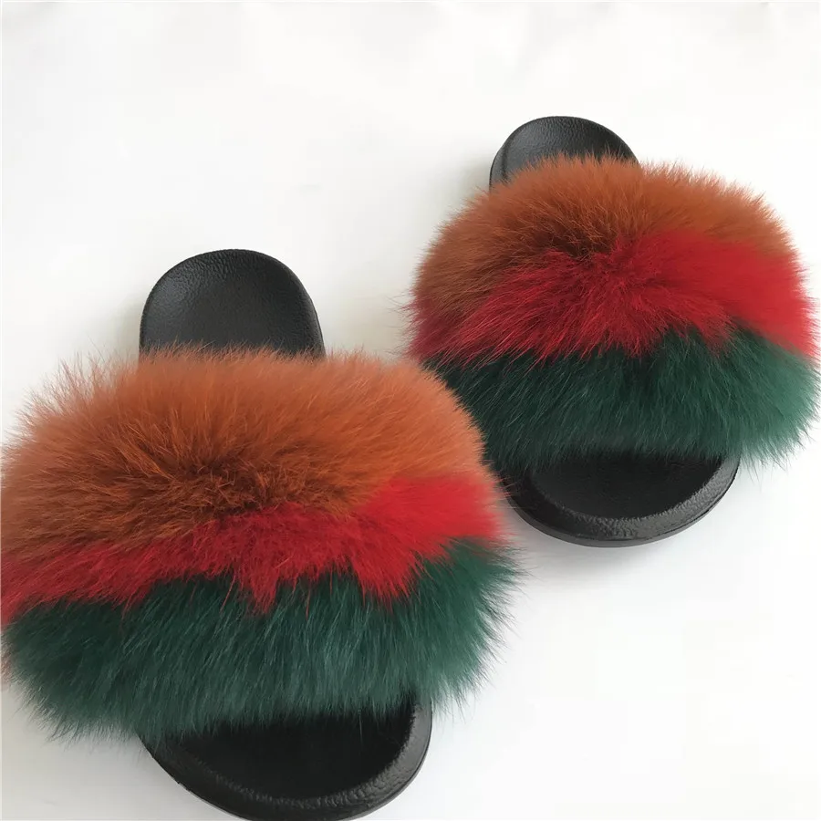 

Magicfur - 100% Real Fox Fur Slipper Brown Red Green Fur Sandal Slades Outdoor Indoor Flat Slides Shoes Fox Fur Accessories
