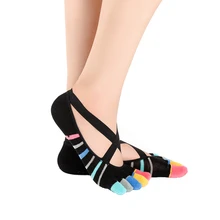 3 Pair Women Stripes Non Slip Yoga Socks with Good Grips Anti-skid Five Toe Cotton Sock X-Straps for Pilates Ballet Dance Gym weanas® half toe yoga pilates toe socks with grips
