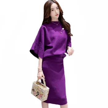 

2019 Women Autumn Winter Pullover Sweater Two Piece Set Suits Female Batwing Sleeve Slash Neck Clothing Set Skirt Sweatsuit P228