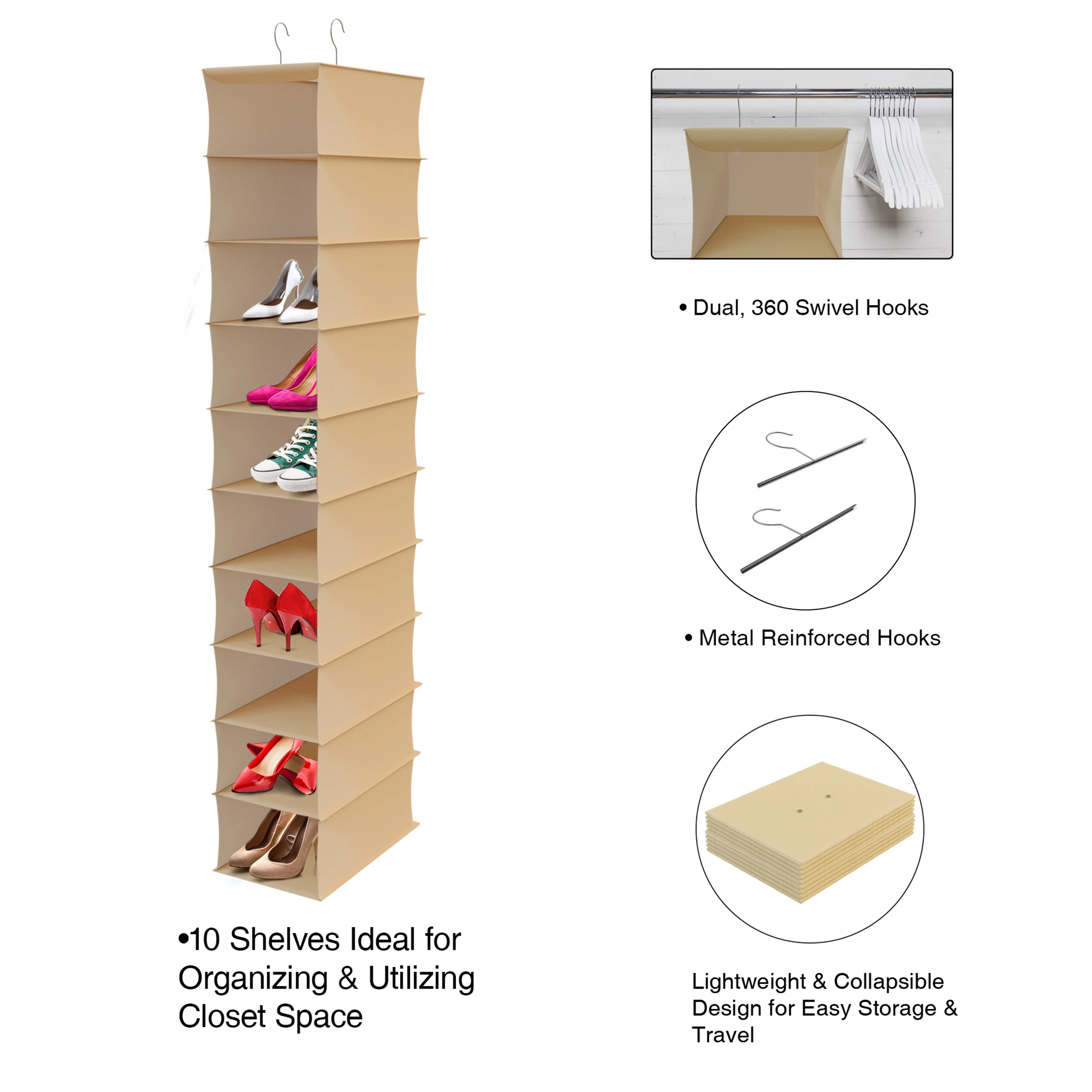 Hanging Closet Organizer 10 Shelves Storage Space Hanging Hook Shoes Clothes (2)