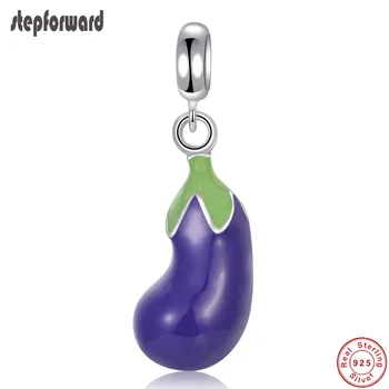 

New Arrival High Quality Vegetable Theme Enamel 925 Real Silver Eggplant Charm Fit Bracelet and Necklace