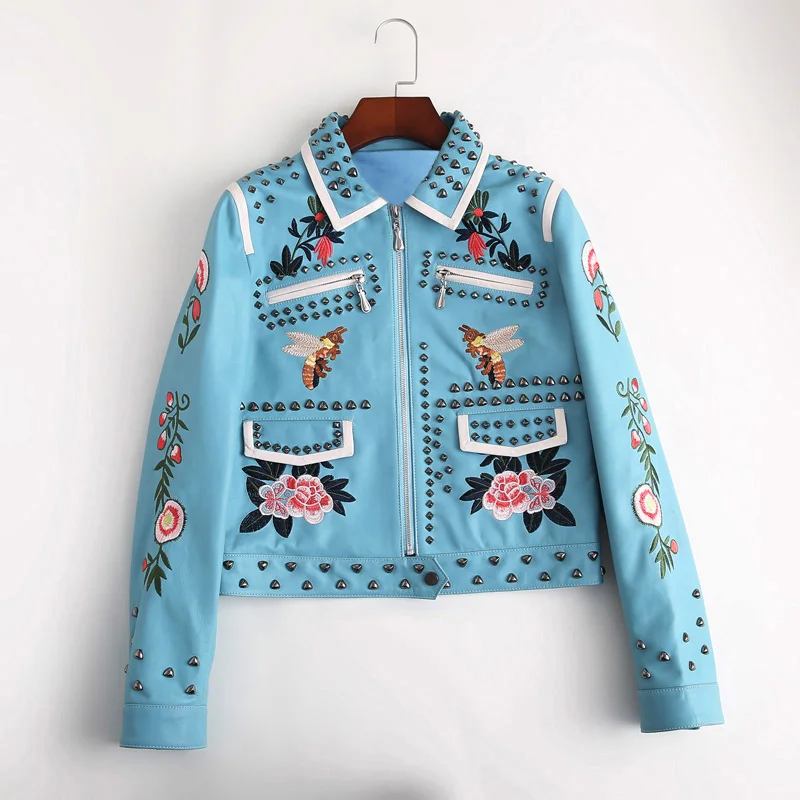 100%Women leather jacket embroidery locomotive leather jacket runway designer high quality embroidered embroidery leather jacket