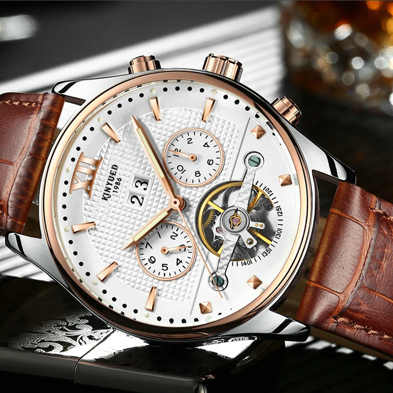 

Skeleton Tourbillon Automatic Mechanical Watch Men Rose Gold Waterproof Self Winding Watches Leather Calendar Auto Date Horloges