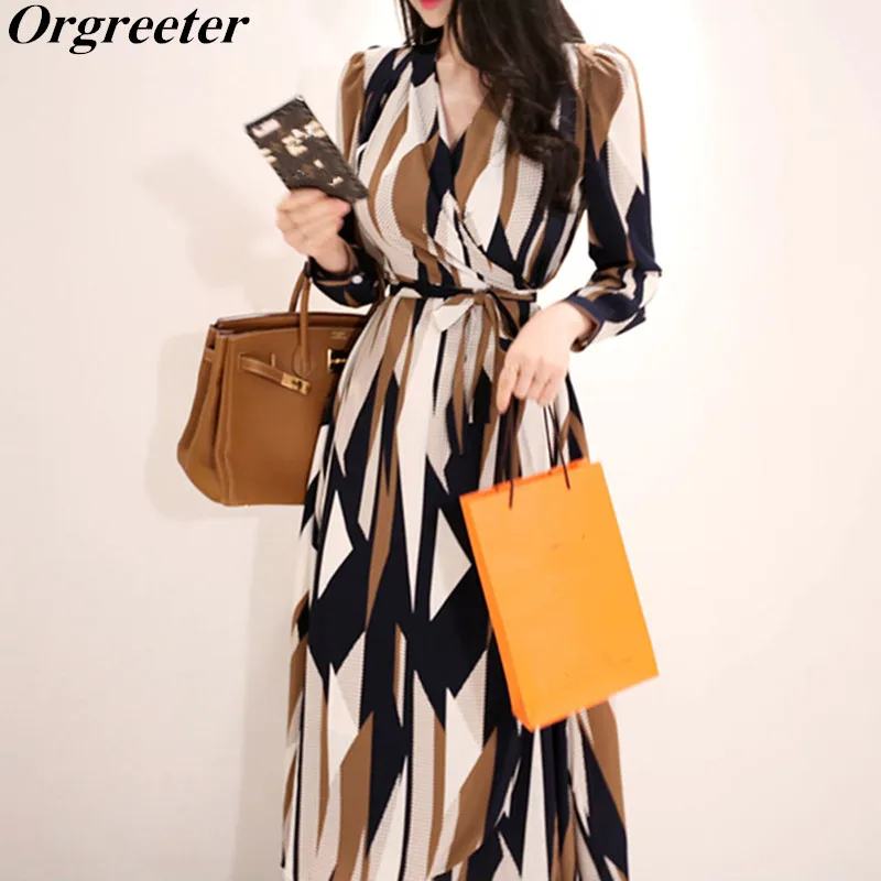 

Bandage Wrap Mid-calf Dress Office Lady Vintage Print Long Sleeve V-neck Autumn Dresses 2018 Elegant Contrast color Party Dress