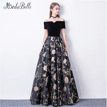 

modabelle 2018 Off The Shouler Prom Dresses Black Short Sleeves Floral Evening Dress Embroidery Lace Galajurken Lang