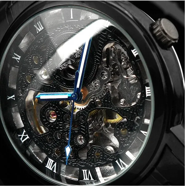 Winner Skeleton Black Stainless Steel Blue Hands Luminous Mens Watches Top Brand Luxury Watch Men Montre Homme Automatic Watches