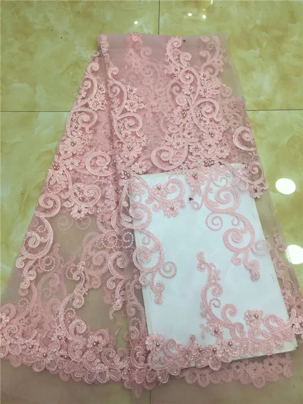 

Free shipping (5yards/pc) embroidered lilac color African French net lace fabric with beads and sequins for party dress Pink