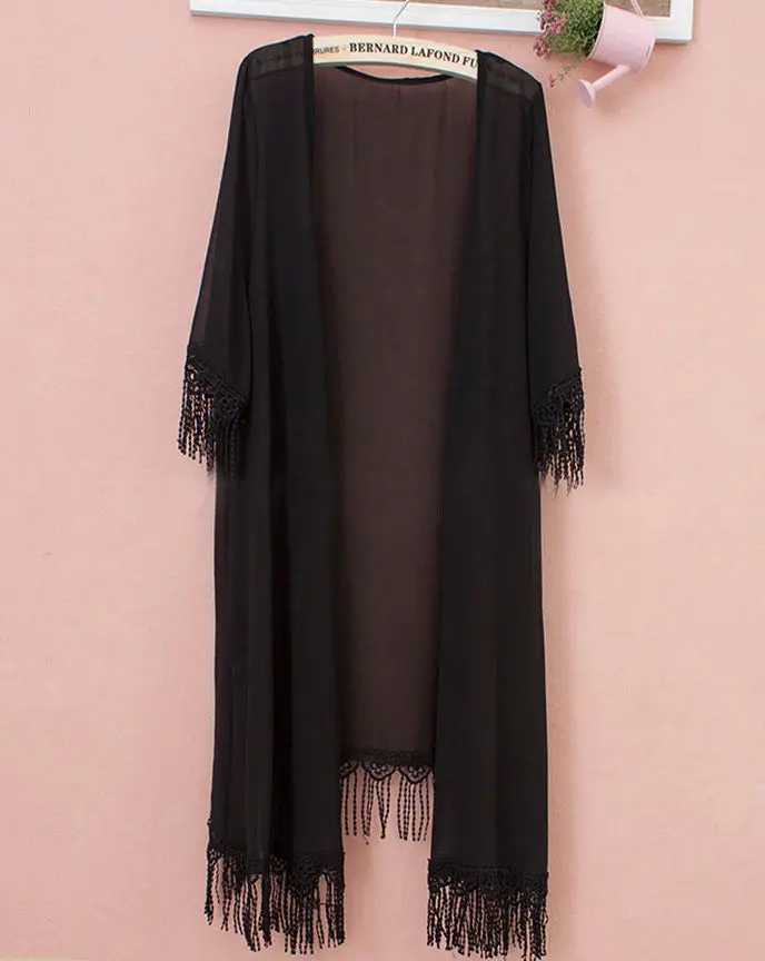 Sexy Women Kimono Cardigan Chiffon Tassel Long Beach Cover Up Tops Shirt Black