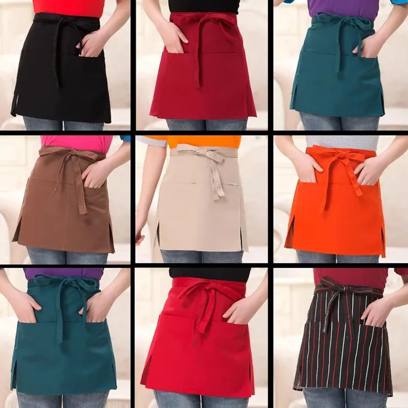 

10 Style Universal Restaurant Apron Unisex Half Bust Bib Restaurant Coffee Tea Shop Waitress Uniforms Waist Short Apron Pockets