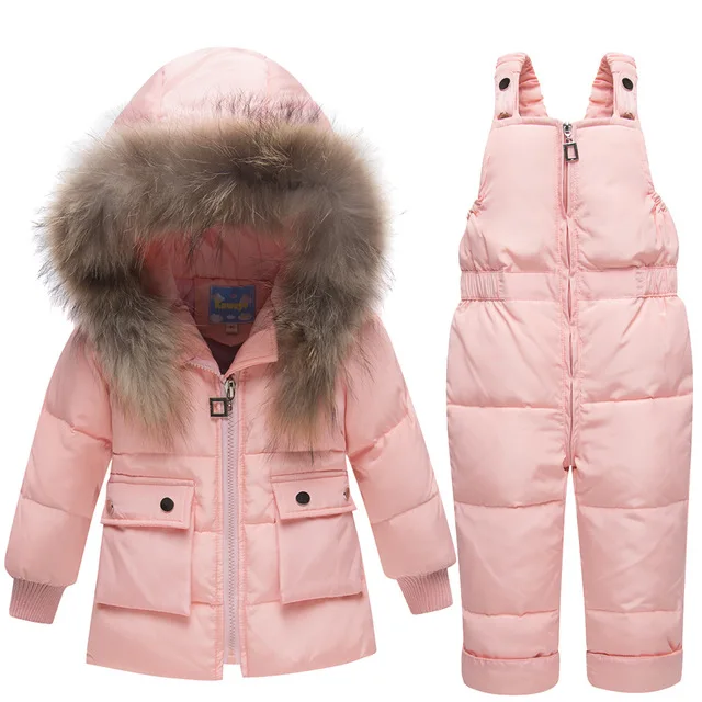 

Newest Russia Winter Clothing Sets Snow Jackets Pant Set Baby Girls Duck Down Coats Jacket Colorful Fur Hood Waterproof Outwear