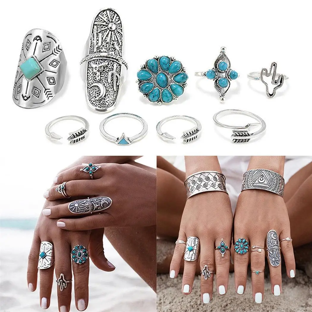 

Boho Charm Gem Ring Artificial Geometric Retro Patterns Fashion Silver Pack Style Rings Casual of New Women Jewelry