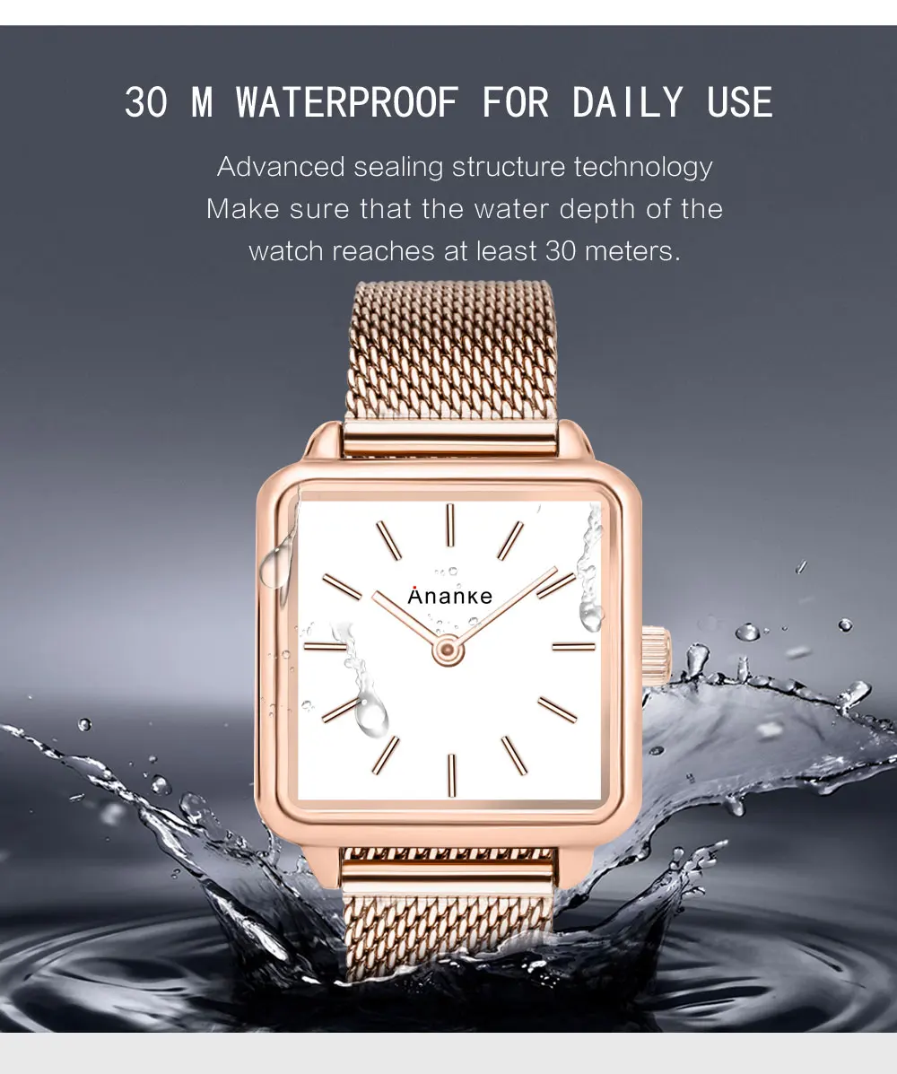ANANKE, женские квадратные часы из розового золота, женские водонепроницаемые часы из нержавеющей стали, женские простые тонкие кварцевые аналоговые часы