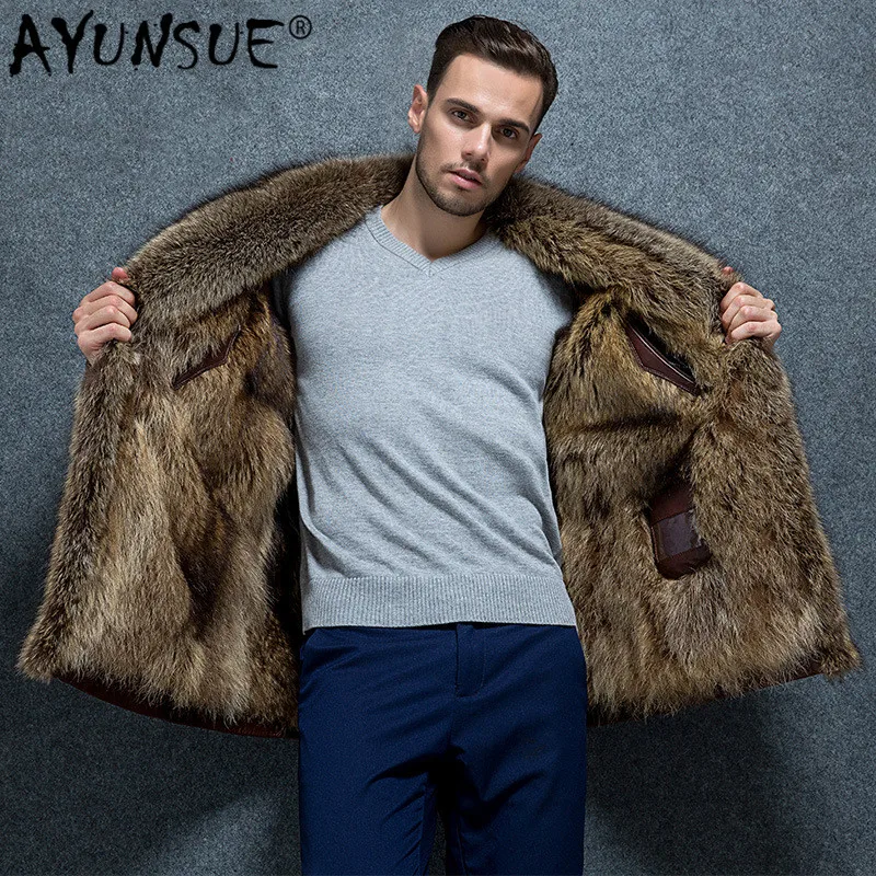 

AYUNSUE Real Fur Coat Men Genuine Leather Jackets Natural Raccoon Fur Liner Winter Cow Leather Jacket Men 2019 86113 KJ2456