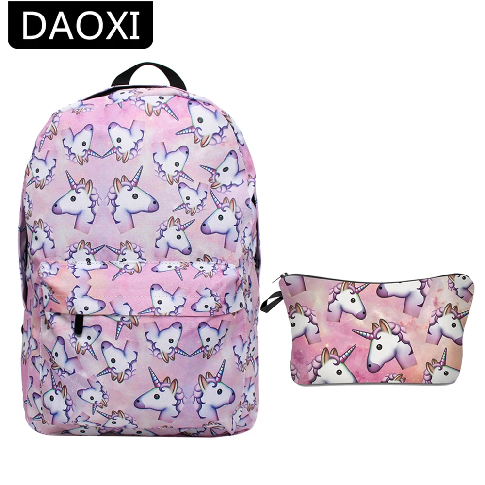 

DAOXI 2Pcs Printing Unicorn Backpack Canvas With Zipper Youth Schoolbags Makeup Bag for Girls Boys