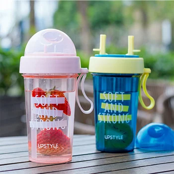 

Creative double straw kettle High Quality Leak-Proof Durable Sippy Cup with Straw and Non-slip Handle Two flavors of kettle